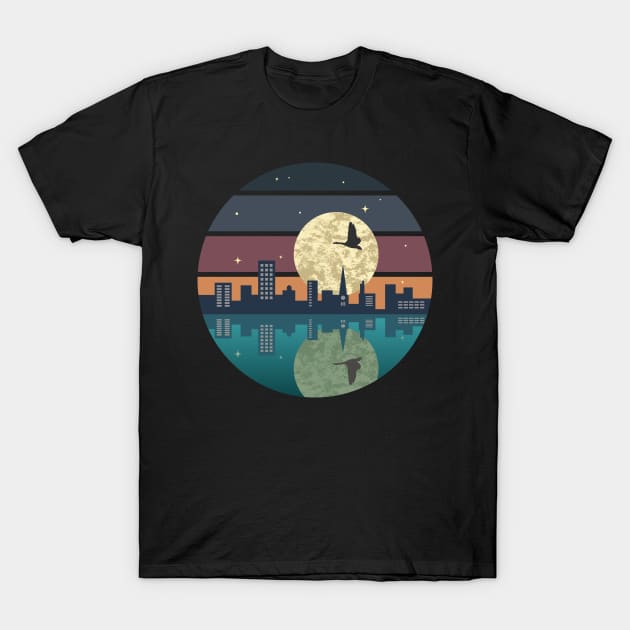 City Moon and Bird T-Shirt by Dragonbudgie